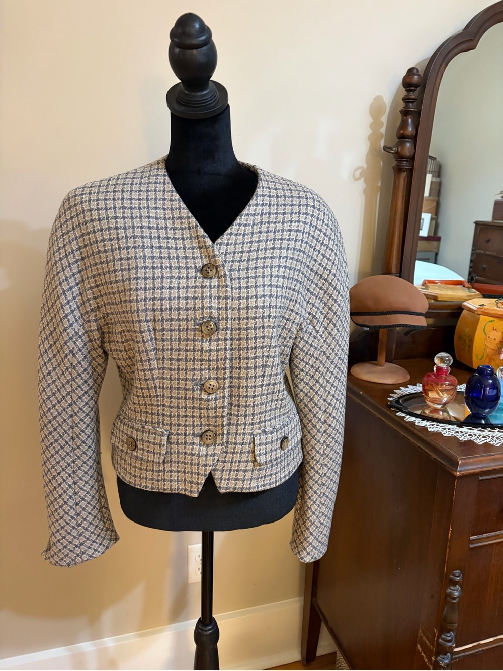 Classic JH Collectibles Women's Checked Wool-Blend Jacket in Cream and Blue